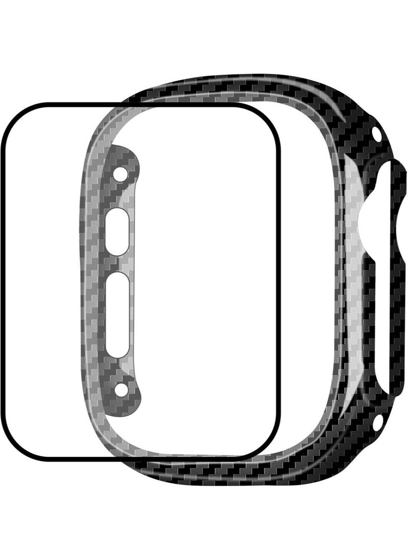 MONOCARBON - Real Carbon Fiber Apple Watch ULTRA 49mm Case Cover includes Tempered Glass Screen Protector - Glossy Black - Image 1