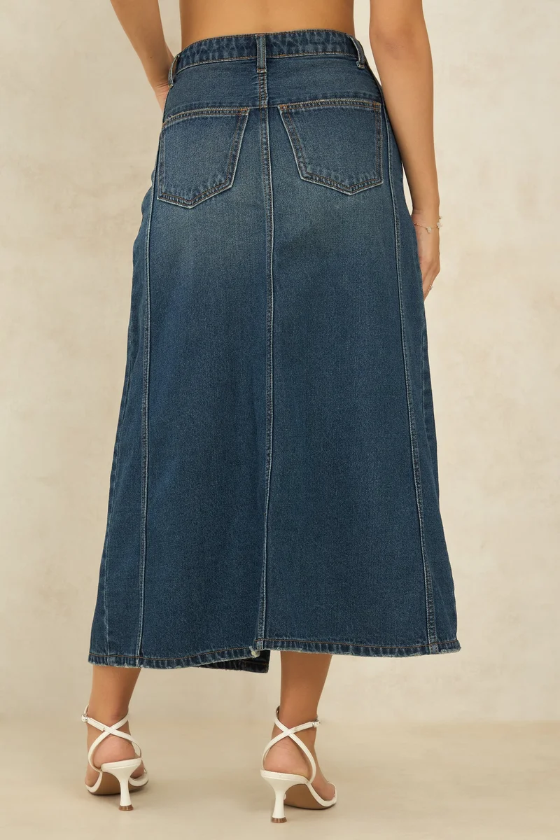 فيرجيو Cotton Denim Daywear Panelled Midi Slit Skirts for Women