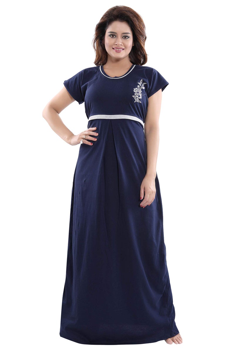 Fabme Women's Hosiery Solid Floor Length Nighty (NW0163_Navy Blue_Free Size_Navy Blue_Free Size) - Image 3