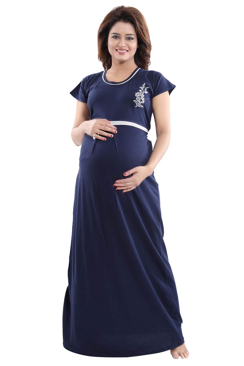 Fabme Women's Hosiery Solid Floor Length Nighty (NW0163_Navy Blue_Free Size_Navy Blue_Free Size) - Image 2