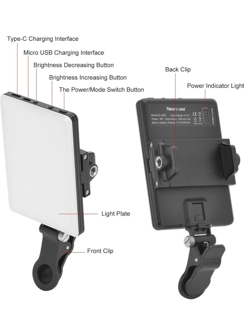 Eworld - High-power 60-LED Rechargeable Selfie Light with Front & Back Clips, 3 Light Modes and 10 Brightness Levels, Ideal for Makeup, Selfies, Vlogs, Video Conferences on Smartphones, Tablets, Laptops - Image 1