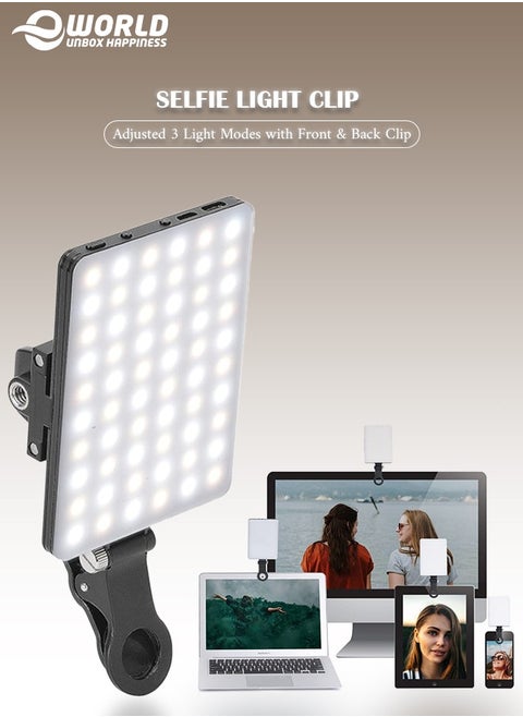 High-power 60-LED Rechargeable Selfie Light with Front & Back Clips, 3 Light Modes and 10 Brightness Levels, Ideal for Makeup, Selfies, Vlogs, Video Conferences on Smartphones, Tablets, Laptops