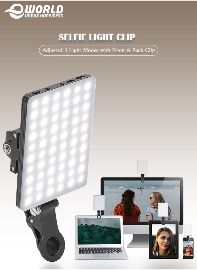 Eworld - High-power 60-LED Rechargeable Selfie Light with Front & Back Clips, 3 Light Modes and 10 Brightness Levels, Ideal for Makeup, Selfies, Vlogs, Video Conferences on Smartphones, Tablets, Laptops - Image 1