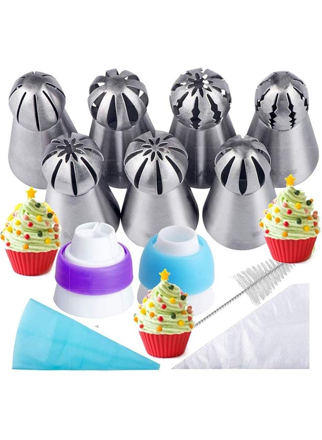 S-TOP Russian Piping Tips Cake Decorating Kits 22PCS Baker's Kit Set for Cake/Cupcake Decorating | 8 Russian Tips 10 Disposable Pastry Bags 2 Coupler, 1 Reusable Silicone Pastry Bag, 1 cleaning brush - Image 1