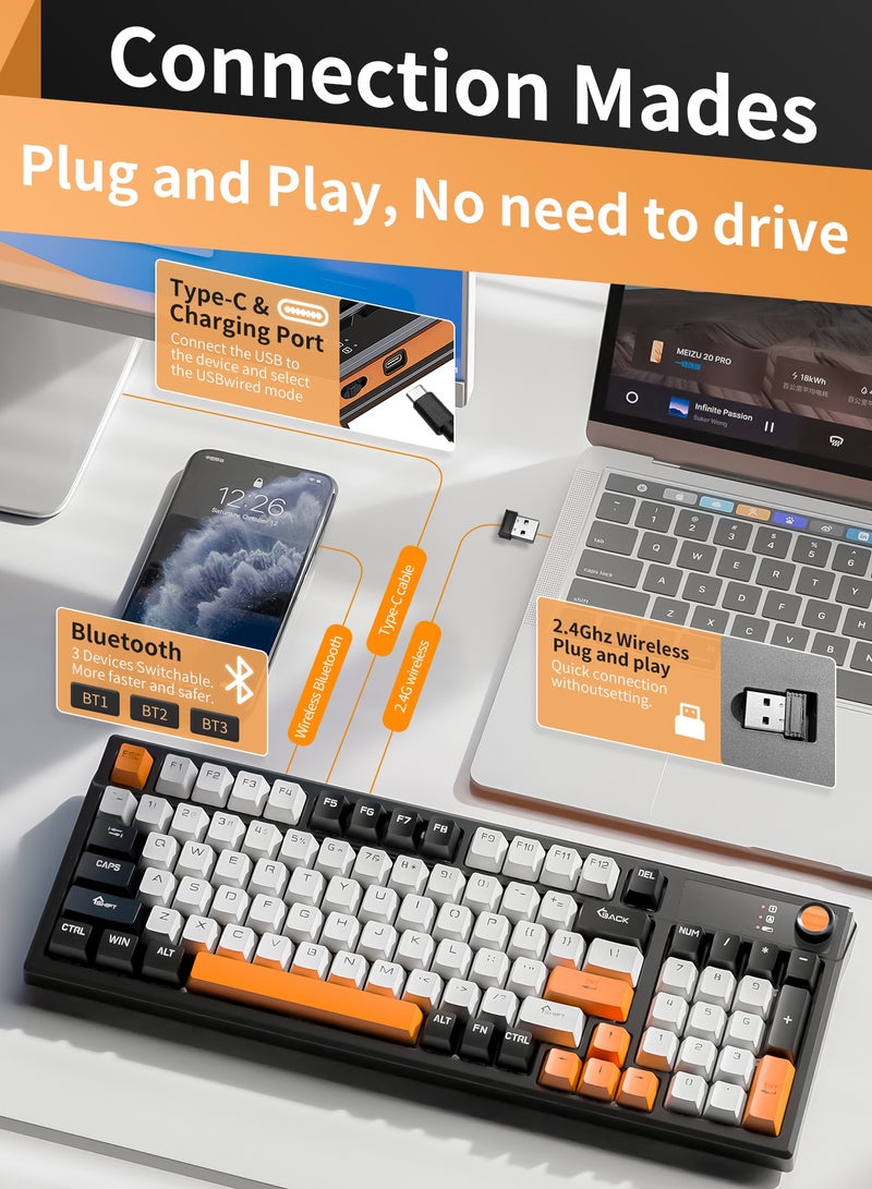أوتشوانغ لوحة مفاتيح ميكانيكية ثلاثية الأوضاع مكونة من 95 مفتاحًا، لوحة مفاتيح ميكانيكية زرقاء خفيفة الوزن سلكية صغيرة الحجم لأجهزة الكمبيوتر الشخصية وأجهزة Mac ولوحة مفاتيح ألعاب إلكترونية محمولة - برتقالية - Image 3