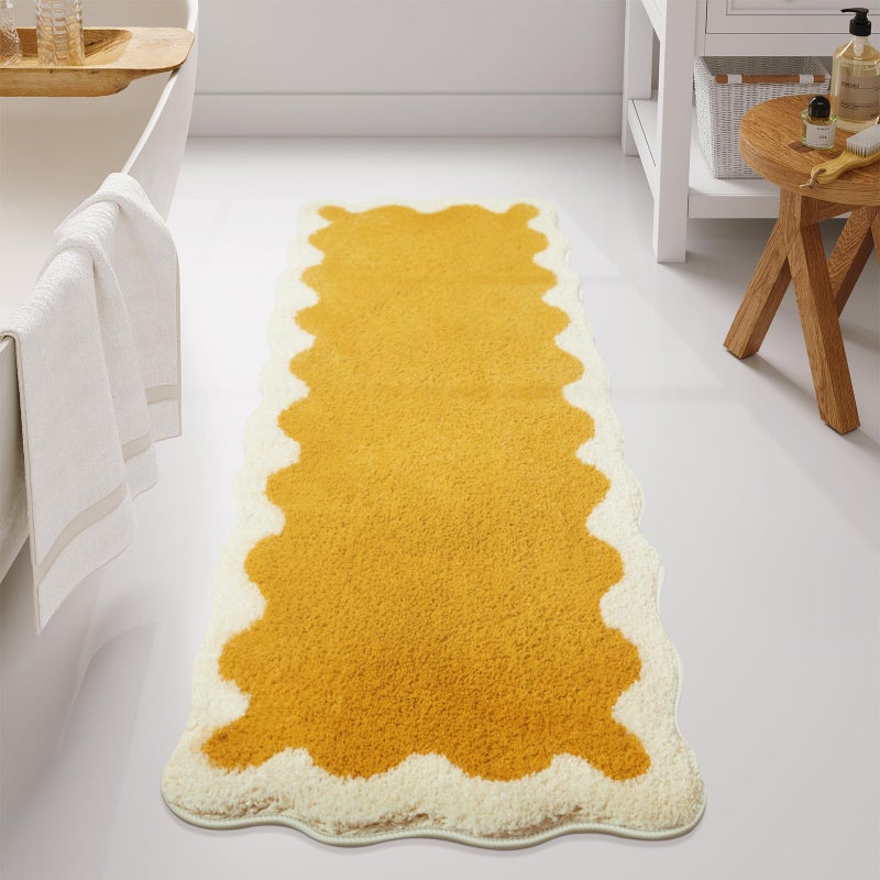 Uphome Bathroom Runner Rug, Large Water Absorbent Cute Bath Mat Non Slip Washable, 24x60 Soft Irregular Shaped Shaggy Microfiber Bath Runner Rug for Floor, Bathtub, Bedroom, Yellow - Image 1
