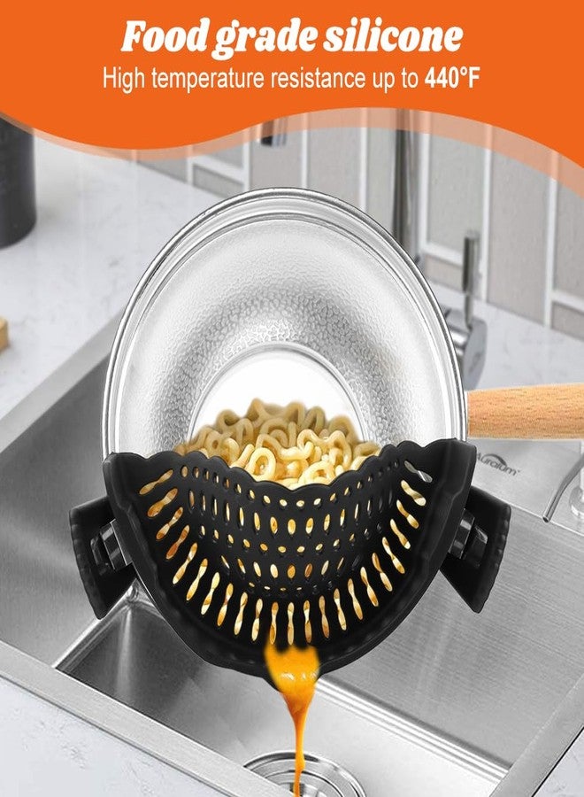 Loyanger Clip on Strainer with Scraper,Silicone Strainer for Pots and Pans Adjustable Pasta Colander for Meat Vegetables Fruit Universal Fit For All Utensils(COLOR:black) - Image 2