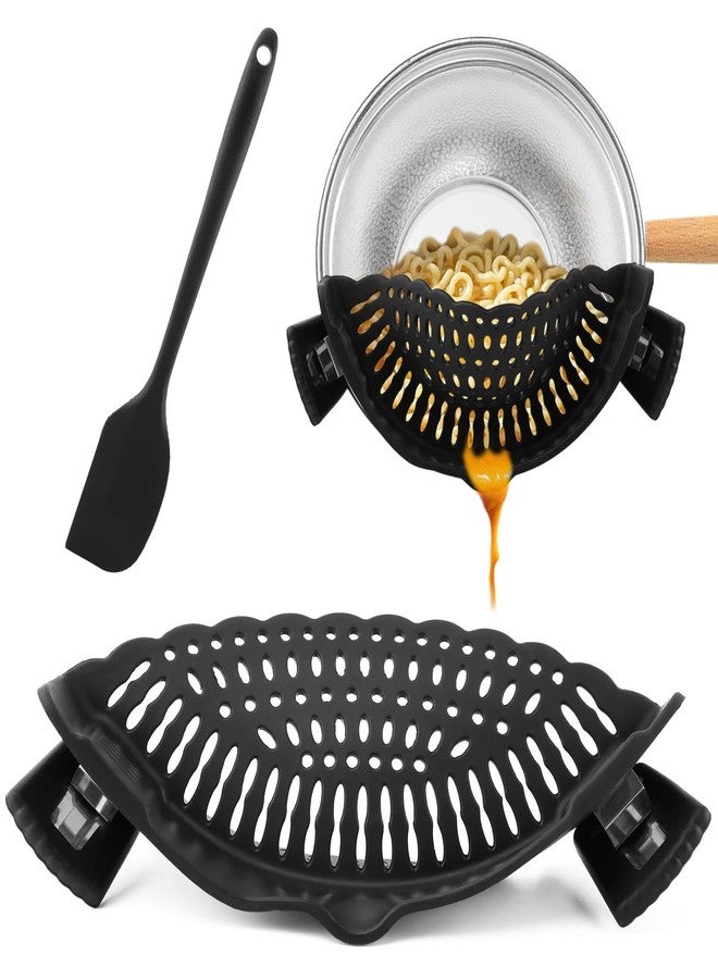 Loyanger Clip on Strainer with Scraper,Silicone Strainer for Pots and Pans Adjustable Pasta Colander for Meat Vegetables Fruit Universal Fit For All Utensils(COLOR:black) - Image 1