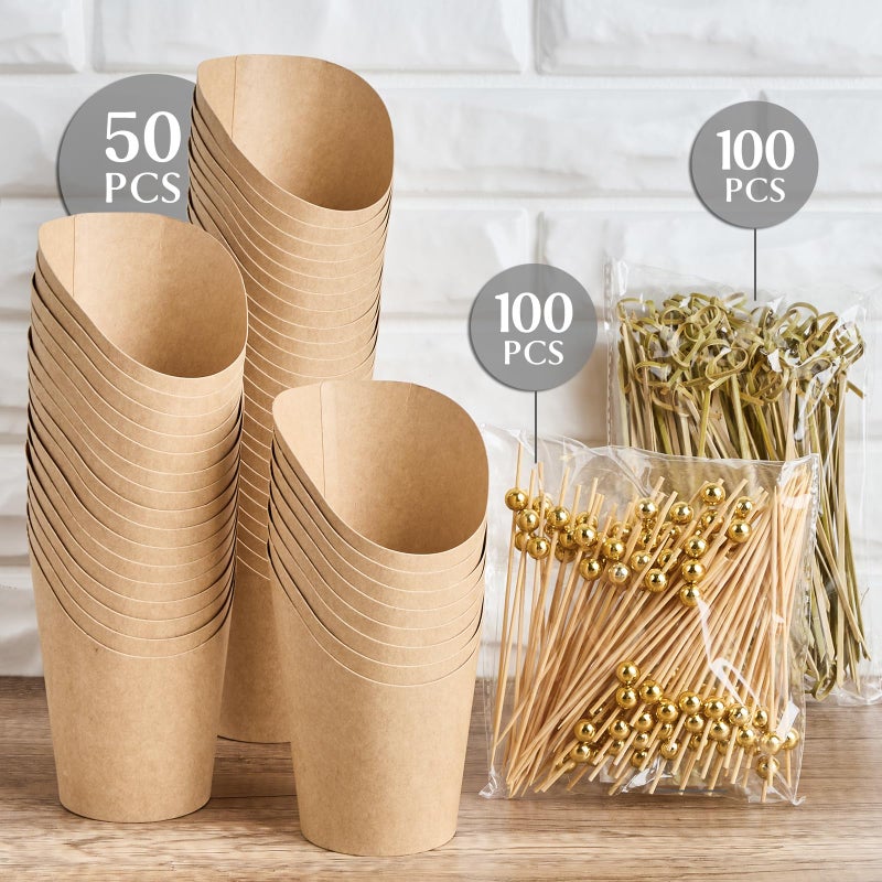 Ocmoiy Charcuterie Cups with Sticks  Brown Disposable 14 oz Kraft Paper Appetizer Cups  Individual Party Serving Snack Cups (50 Cups  200 Cocktail Picks) - Image 3