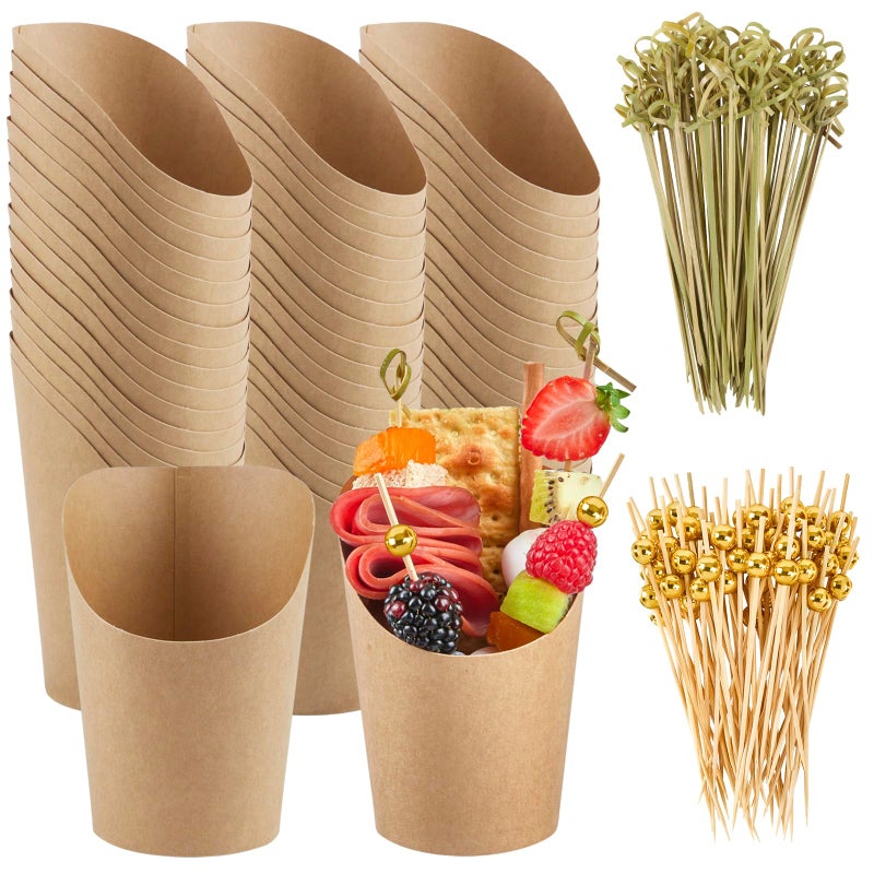 Ocmoiy Charcuterie Cups with Sticks  Brown Disposable 14 oz Kraft Paper Appetizer Cups  Individual Party Serving Snack Cups (50 Cups  200 Cocktail Picks) - Image 1