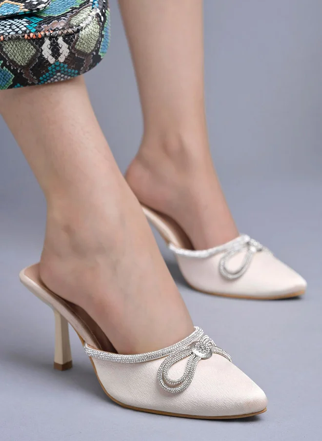 Shoetopia Shoetopia Women's  Elegant Ivory Satin Mule Heels with Crystal Bow – Pointed Toe Slip-On Dress Rhinestone for Party or Evening Events