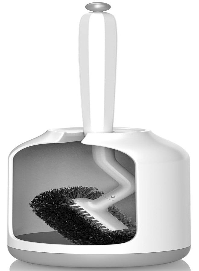 HAMITOR Toilet Bowl Brush Holder Set: Bathroom Deep Cleaning Toilet Cleaner Scrubber Under Rim with Curved Bristle for Dead Corner Clean - Hidden Rv Toilet Decorative Accessories with Caddy- White - Image 1