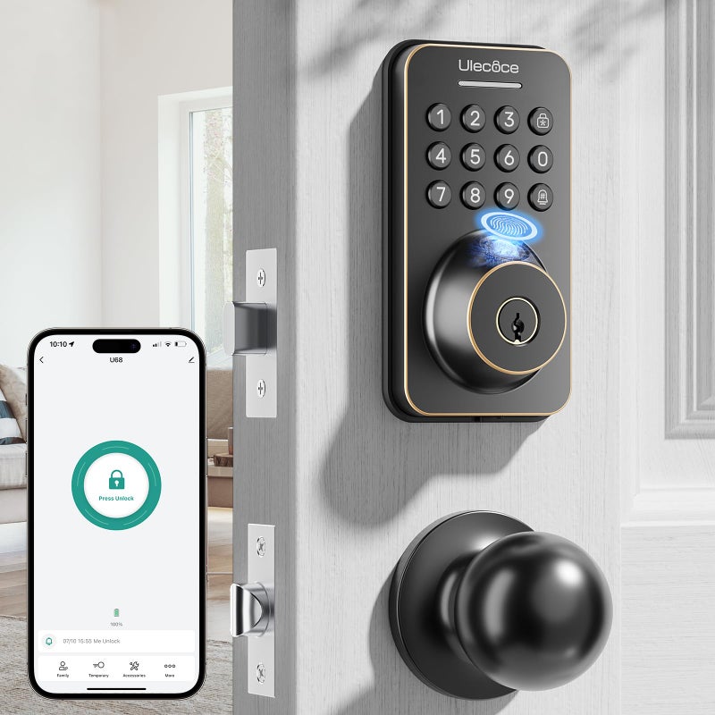 Ulecoce Fingerprint Keypad Deadbolt with Handle Set, Keyless Entry Door Lock, Door Locks for Front Door Lock Set, App Control, Auto Locking, Easy to Install, Oil Rubbed Bronze - Image 1