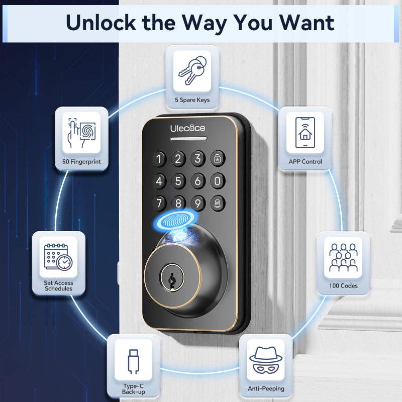 Ulecoce Fingerprint Keypad Deadbolt with Handle Set, Keyless Entry Door Lock, Door Locks for Front Door Lock Set, App Control, Auto Locking, Easy to Install, Oil Rubbed Bronze - Image 2