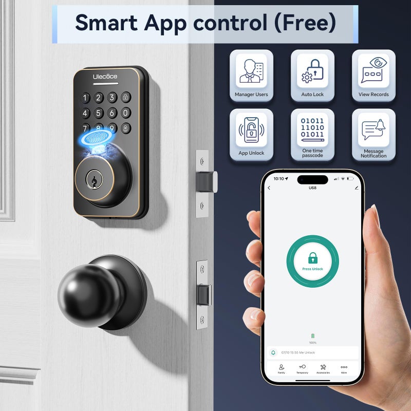 Ulecoce Fingerprint Keypad Deadbolt with Handle Set, Keyless Entry Door Lock, Door Locks for Front Door Lock Set, App Control, Auto Locking, Easy to Install, Oil Rubbed Bronze - Image 3