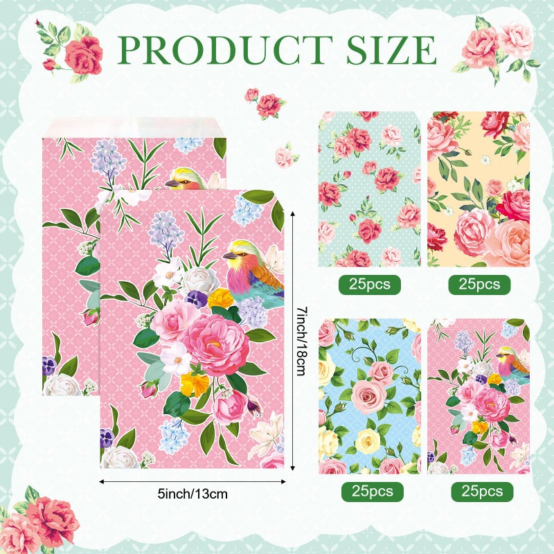 Tinlade 100 Pcs Tea Party Gift Bags 5 x 7 Inch Spring Party Treat Pouch Floral Paper Favor Bag Self-adhesive Floral Candy Pouches for Tea Wedding Bridal Shower Birthday Mother's Day Supply (Flower) - Image 2