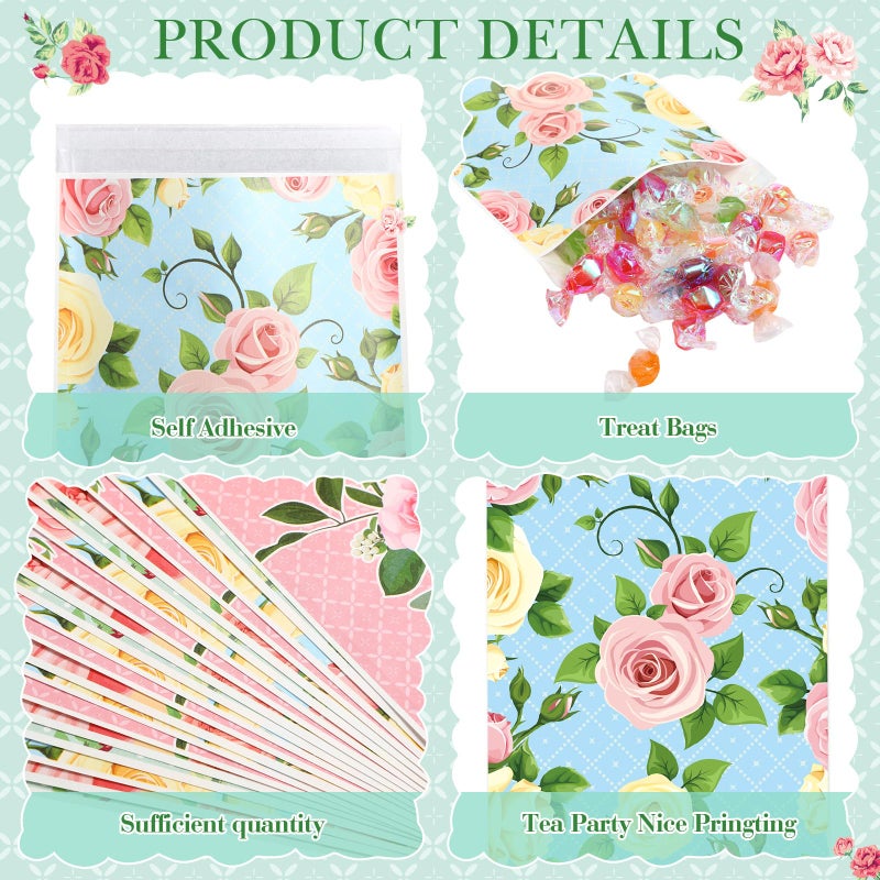 Tinlade 100 Pcs Tea Party Gift Bags 5 x 7 Inch Spring Party Treat Pouch Floral Paper Favor Bag Self-adhesive Floral Candy Pouches for Tea Wedding Bridal Shower Birthday Mother's Day Supply (Flower) - Image 3