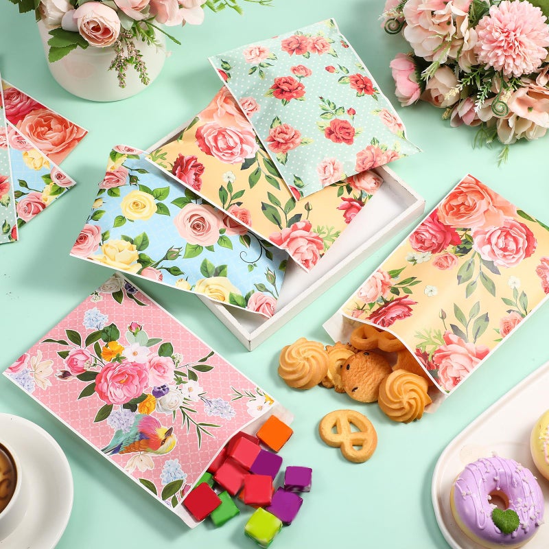 Tinlade 100 Pcs Tea Party Gift Bags 5 x 7 Inch Spring Party Treat Pouch Floral Paper Favor Bag Self-adhesive Floral Candy Pouches for Tea Wedding Bridal Shower Birthday Mother's Day Supply (Flower) - Image 4
