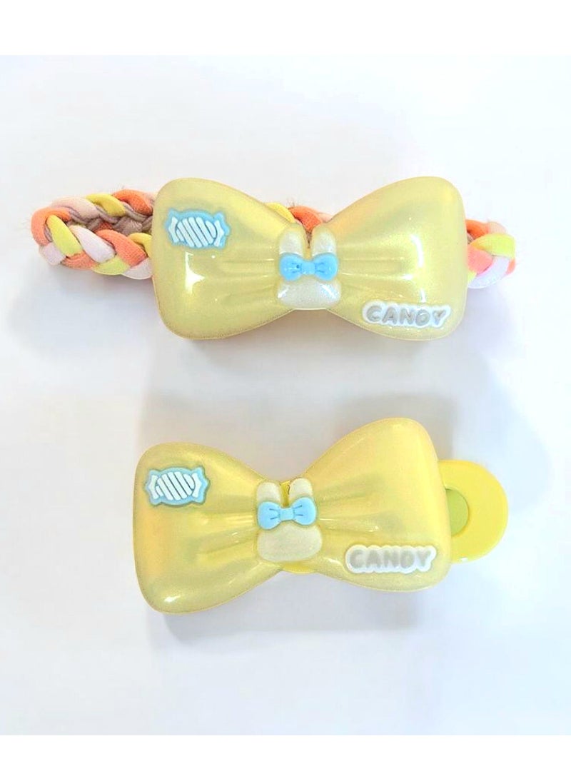 مجموعة من مشبك و ربطة شعر فيونكة للفتيات باللون الأصفر - Image 1