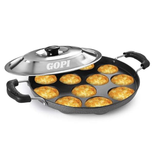GOPI Aluminium 12 Cavity Appam Patra Paniyarakkal Two Side Handle with Steel lid & Wooden Picker, (23 cm, Black) - Image 1