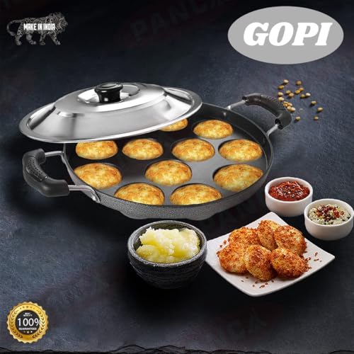 GOPI Aluminium 12 Cavity Appam Patra Paniyarakkal Two Side Handle with Steel lid & Wooden Picker, (23 cm, Black) - Image 2