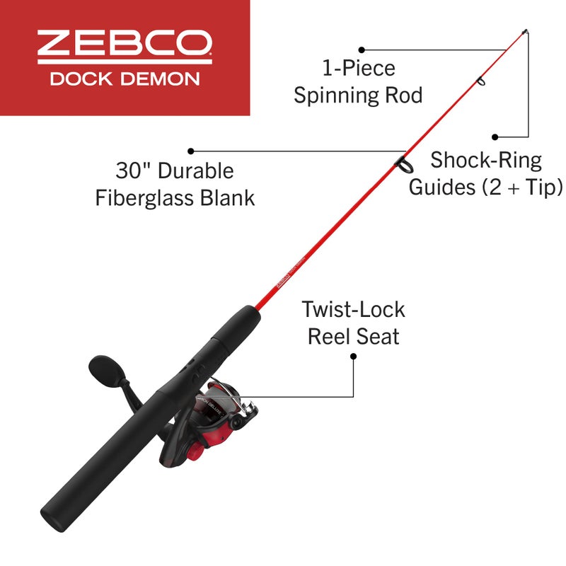 Zebco Dock Demon Spinning Reel and Fishing Rod Combo, 30-inch 1-Piece Fiberglass Fishing Pole, EVA Rod Handle, Size 10 Reel, Powertrain Drag, Pre-Spooled with 6-Pound Zebco Line, Red - Image 2