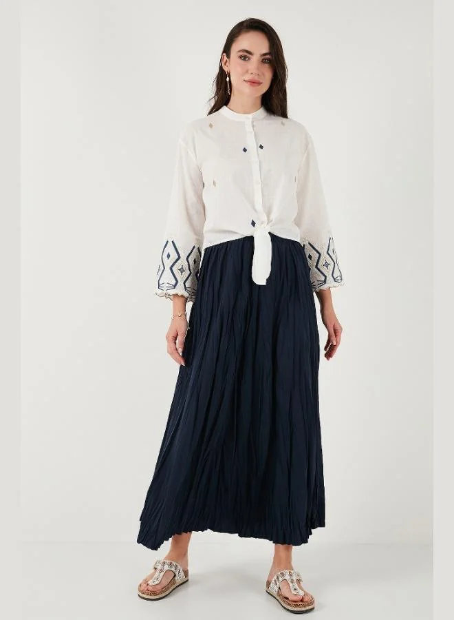 ليلا قميص نسائي بياقة قاضي وخصر مربوط مطرز بالقطن من ليلا