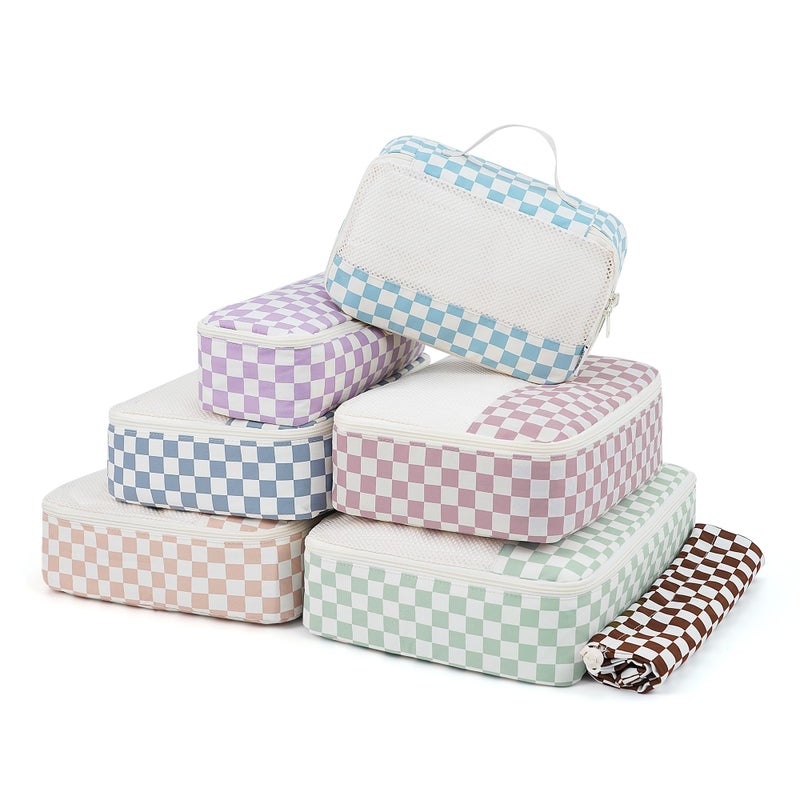 Narwey 7 Set Checkered Packing Cubes for Travel Kids Women, Durable Packing Organizer Bags for Carry on Suitcase Luggage Travel Essentials Accessories (Combined Checkerboard) - Image 1
