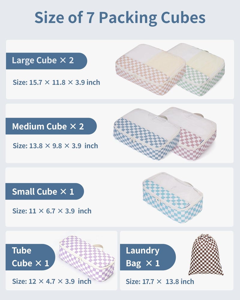 Narwey 7 Set Checkered Packing Cubes for Travel Kids Women, Durable Packing Organizer Bags for Carry on Suitcase Luggage Travel Essentials Accessories (Combined Checkerboard) - Image 3