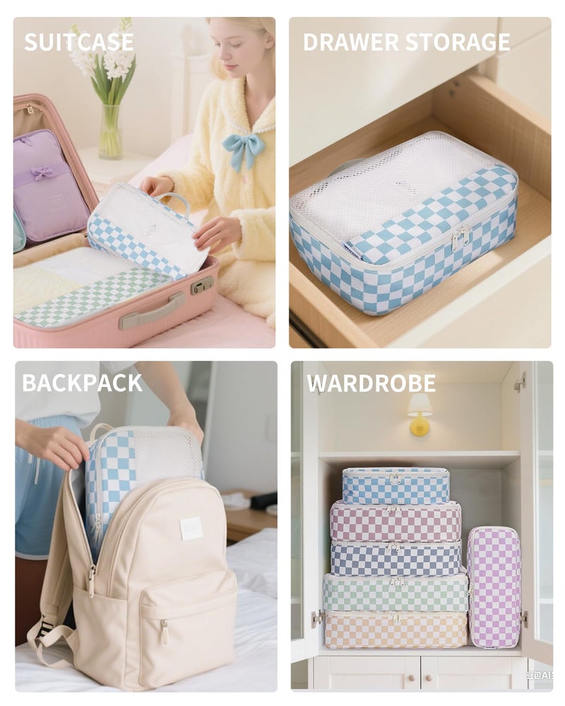 Narwey 7 Set Checkered Packing Cubes for Travel Kids Women, Durable Packing Organizer Bags for Carry on Suitcase Luggage Travel Essentials Accessories (Combined Checkerboard) - Image 5