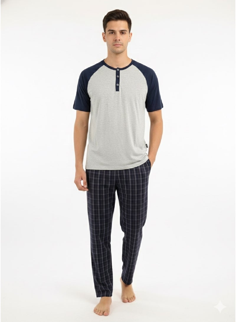 Jet Men's Summer Pajama Set With Half Sleeves, A Round Neckline, And Checkered Pants