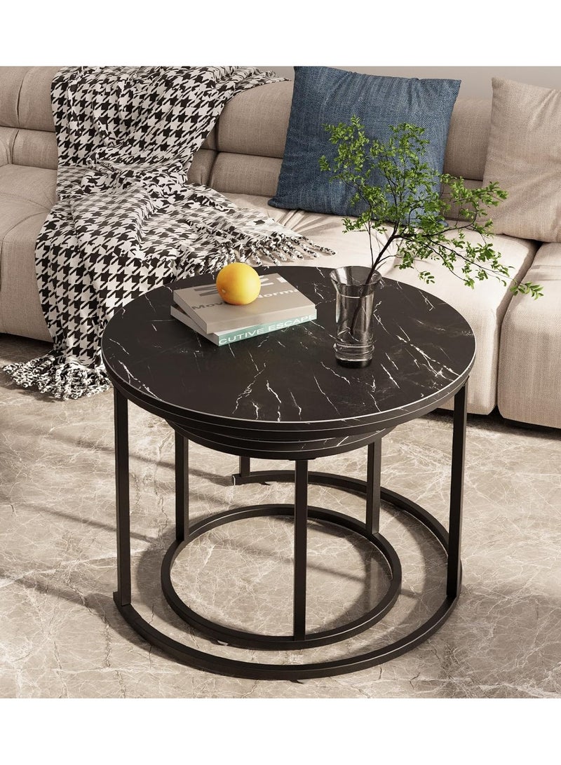 DubaiGallery طقم طاولات قهوة جانبية دائرية من 2 طاولة نهائية لغرفة المعيشة أو غرفة النوم أو الشرفة، طاولة خشبية مزيفة باللون الأسود مع رخام، طاولة قهوة كبيرة بقطر 31 إنش مع إطار فولاذي - Image 3