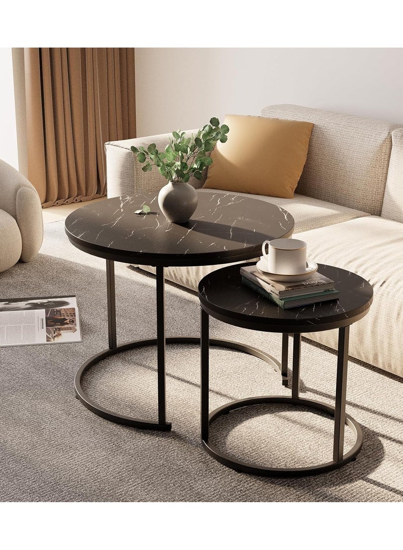 DubaiGallery طقم طاولات قهوة جانبية دائرية من 2 طاولة نهائية لغرفة المعيشة أو غرفة النوم أو الشرفة، طاولة خشبية مزيفة باللون الأسود مع رخام، طاولة قهوة كبيرة بقطر 31 إنش مع إطار فولاذي - Image 4