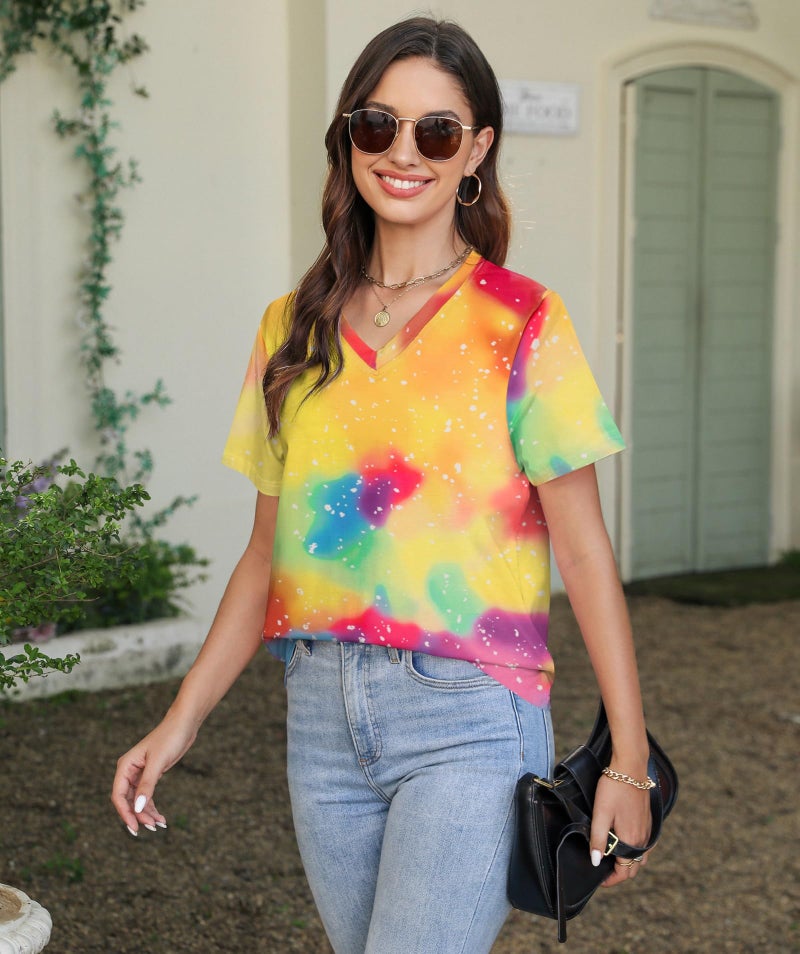 BANGELY Women Tie Dye V-Neck Shirts Summer Vintage Tunic Tops Fashion Casual Swing Short Sleeve Shirts Blouse Soft Tee Yellow - Image 2