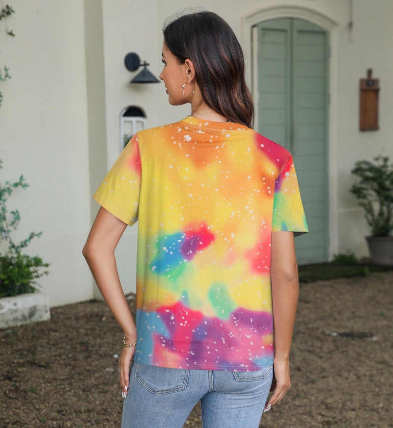 BANGELY Women Tie Dye V-Neck Shirts Summer Vintage Tunic Tops Fashion Casual Swing Short Sleeve Shirts Blouse Soft Tee Yellow - Image 3