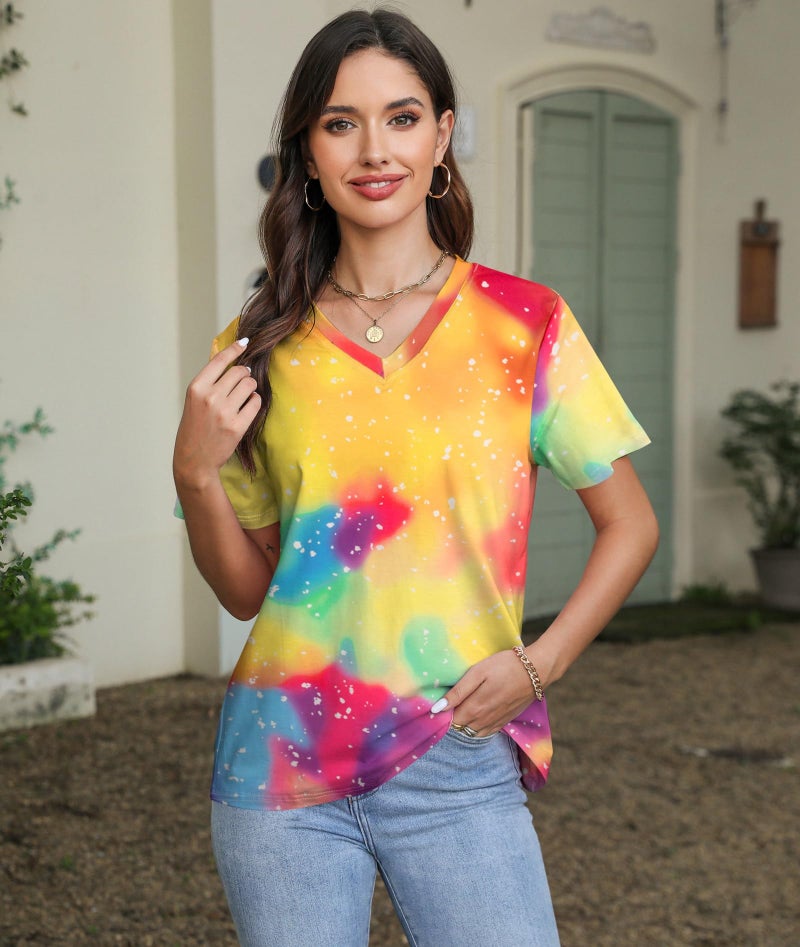 BANGELY Women Tie Dye V-Neck Shirts Summer Vintage Tunic Tops Fashion Casual Swing Short Sleeve Shirts Blouse Soft Tee Yellow - Image 1
