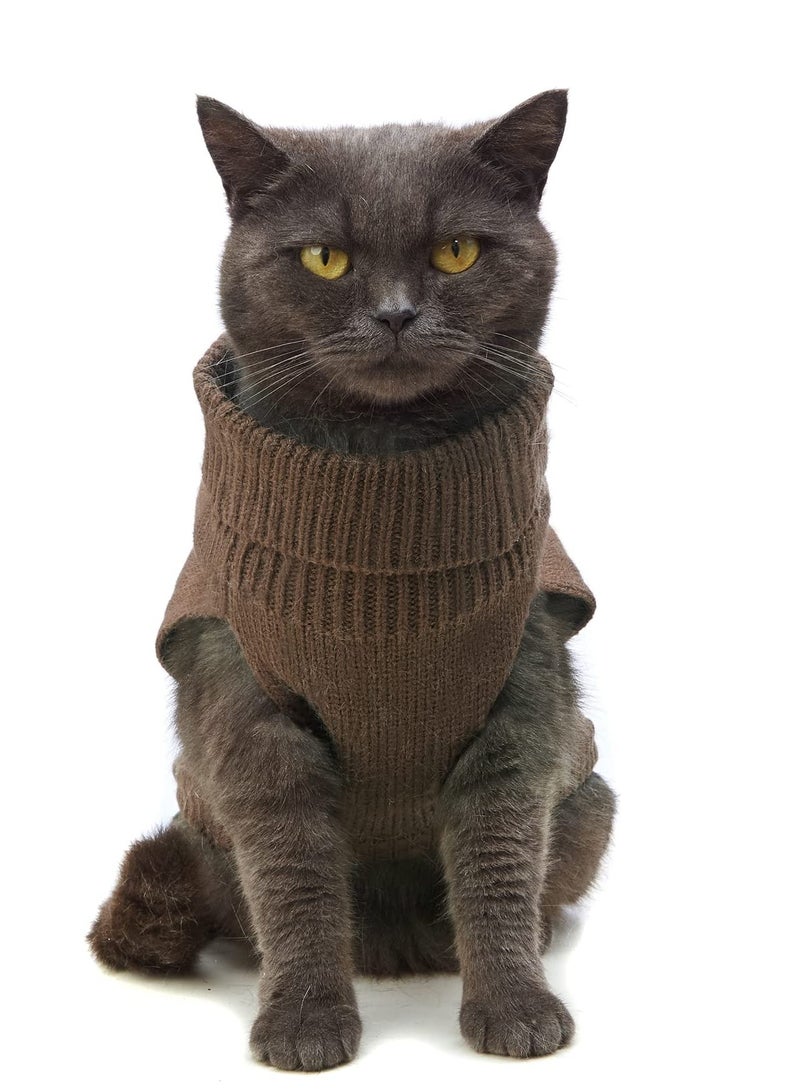 Warm Knitted Turtleneck Cat Sweater, Sleeveless Winter Outfit for Cats & Small Dogs, Cozy Brown XS for Cold Seasons - Image 1