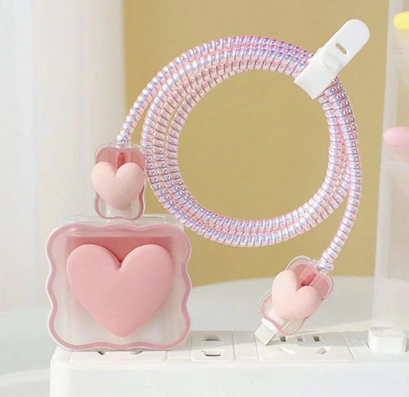 INEFABLE Charger Case Cover Protector with 3D Cute Pattern for iPhone Charger only 18W & 20W, Data Charging Cable Wire Saver Protective Cable Cover Full Protection - Set Of 1 (Pink Heart) - Image 1