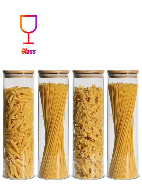 Borosilicate Round Glass Food Storage Jar With Lid For Spaghetti, Pasta, Noodles, Coffee, Tea, Sugar Set of 4, 2200ml.