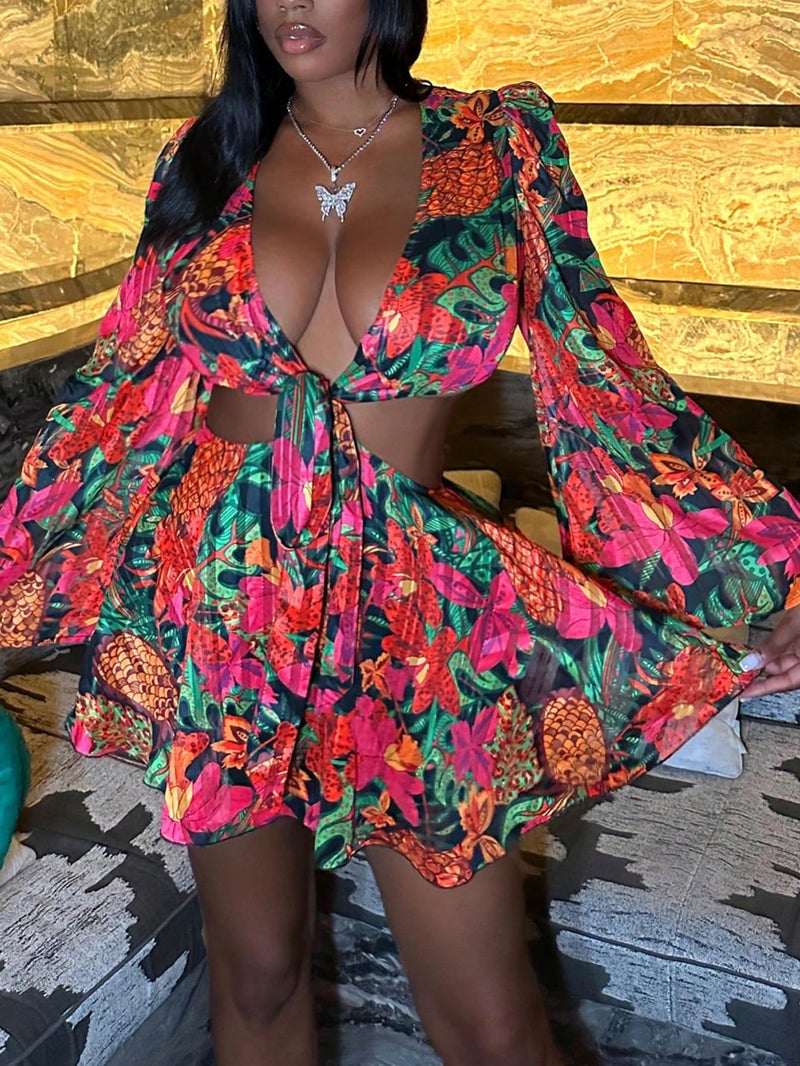 BEAUDRM Women's Tropical Dresses Summer Dress Vacation Beach Sundresses Sexy Long Bell Sleeve Two Piece Vacation Outfits Multicolor X-Small - Image 2
