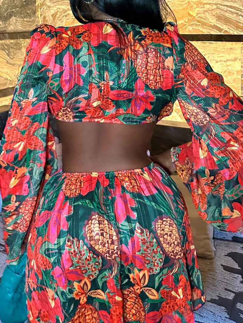 BEAUDRM Women's Tropical Dresses Summer Dress Vacation Beach Sundresses Sexy Long Bell Sleeve Two Piece Vacation Outfits Multicolor X-Small - Image 3