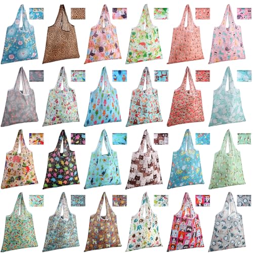 Eccliy 24 Pieces Reusable Grocery Bags Polyester Shopping Bags for Groceries Multi Colors Reusable Foldable Shopping ToteAnimal Style - Image 1