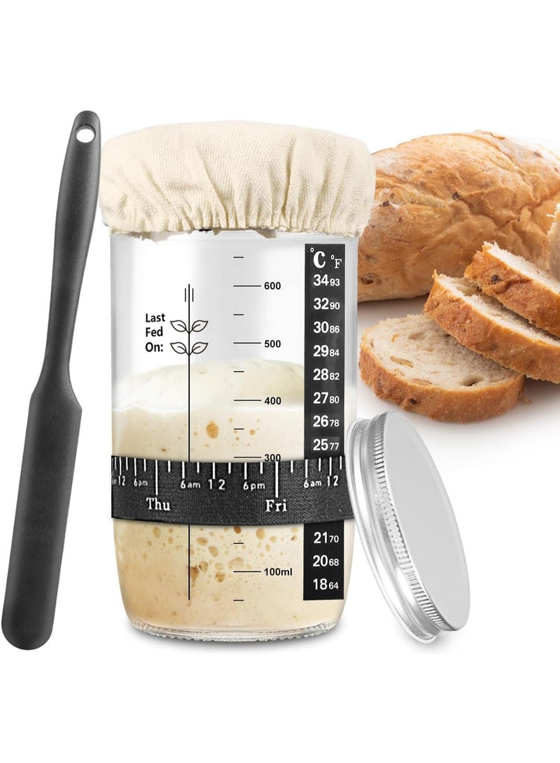موثوقية التنبؤ برطمان خميرة العجين المخمر، طقم خميرة العجين المخمر مع شريط تغذية محدد التاريخ، ميزان حرارة، غطاء قماشي وغطاء معدني، مستلزمات خبز العجين المخمر القابلة لإعادة الاستخدام، مستلزمات الخبز المنزلي - Image 1