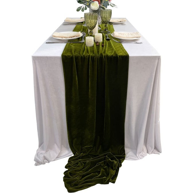 LUXURIOUS VELVET TABLE RUNNER 10FT WEDDING RECEPTION DECORATIONS 20X120INCH SOFT VELVET FABRIC TABLE LINEN OVERLAY WEDDING TABLE RUNNERS OLIVE GREEN 20X120INCH