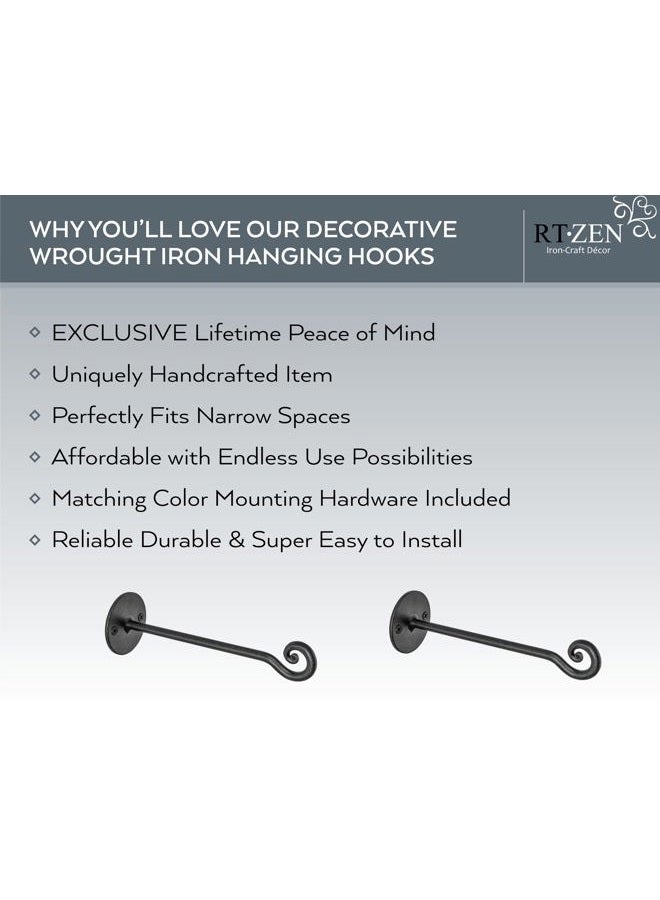 RTZEN Plant Hanger Swirl Hook - Hand Forged Heavy Duty Wrought Iron Wall Decor - Indoor or Outdoor Swirly Hanging Plant Bracket for Bird Feeders Lanterns Baskets and Wind Chimes - 2 Pack - Image 2