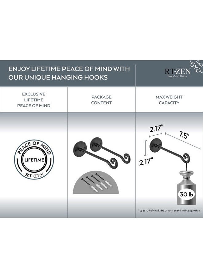 RTZEN Plant Hanger Swirl Hook - Hand Forged Heavy Duty Wrought Iron Wall Decor - Indoor or Outdoor Swirly Hanging Plant Bracket for Bird Feeders Lanterns Baskets and Wind Chimes - 2 Pack - Image 4