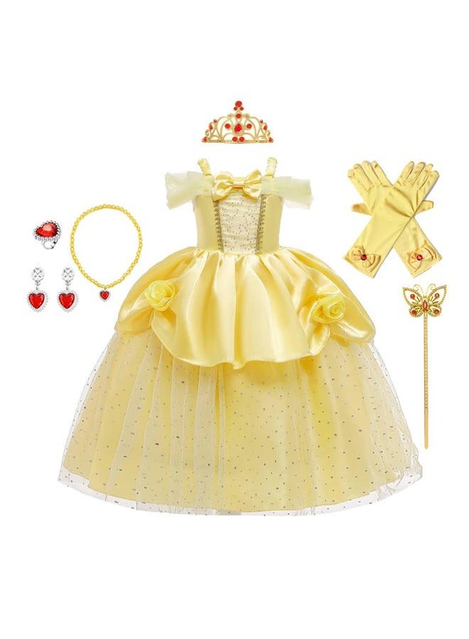 HIHCBF Girls Beauty and The Beast Costume Belle Princess Birthday Party Christmas Halloween Fancy Dress w/Accessories Set Yellow 004 3-4T - Image 1