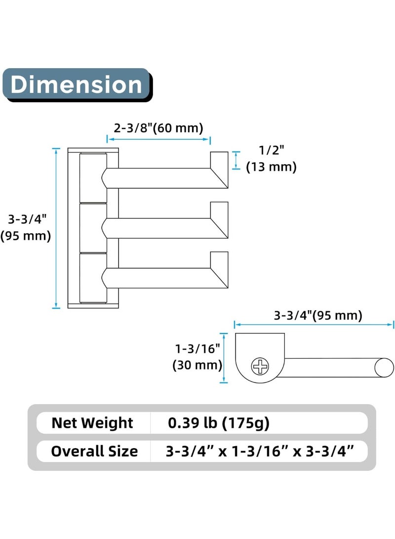 أنجل سيمبل خطاف مناشف أنجل سيمبل ثلاثي قابل للدوران والطي من استانلس ستيل 304 للحمام بتصميم جداري بتشطيب ذهبي مطفي - Image 2