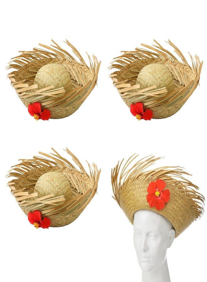 Cuffbow 4 Pcs Hawaii Straw Hat Pava Hat Puerto Rico Hibiscus Beachcomber Panama Cap Hawaiian Luau Farmer Cap Sombrero Headwear for Summer Pool Party Props Accessories(Natural) - Image 1