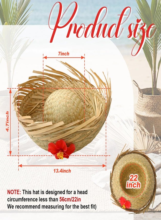 Cuffbow 4 Pcs Hawaii Straw Hat Pava Hat Puerto Rico Hibiscus Beachcomber Panama Cap Hawaiian Luau Farmer Cap Sombrero Headwear for Summer Pool Party Props Accessories(Natural) - Image 2
